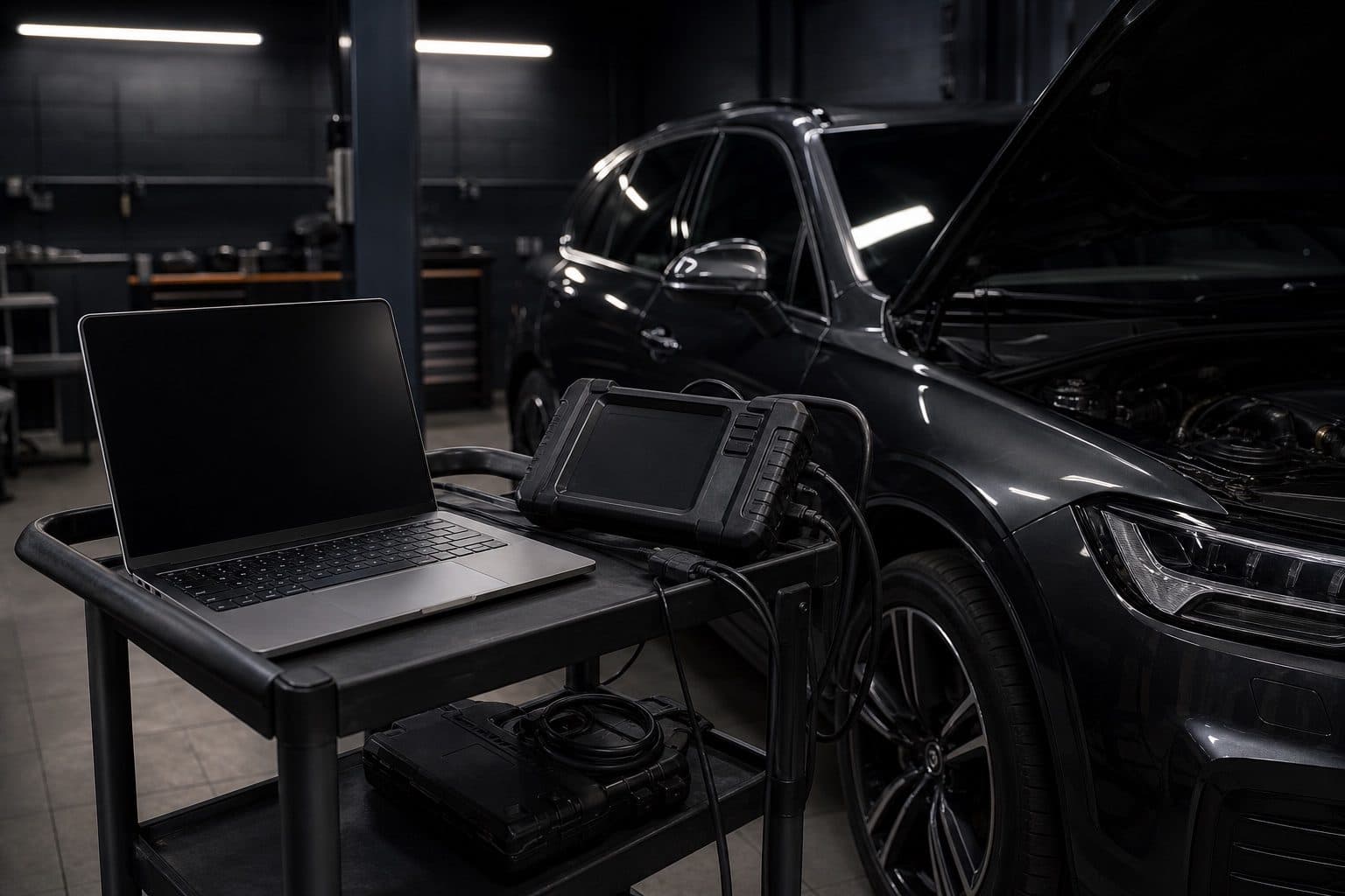 Diagnosegerät und Laptop neben einem Fahrzeug in der Auto Factory Werkstatt