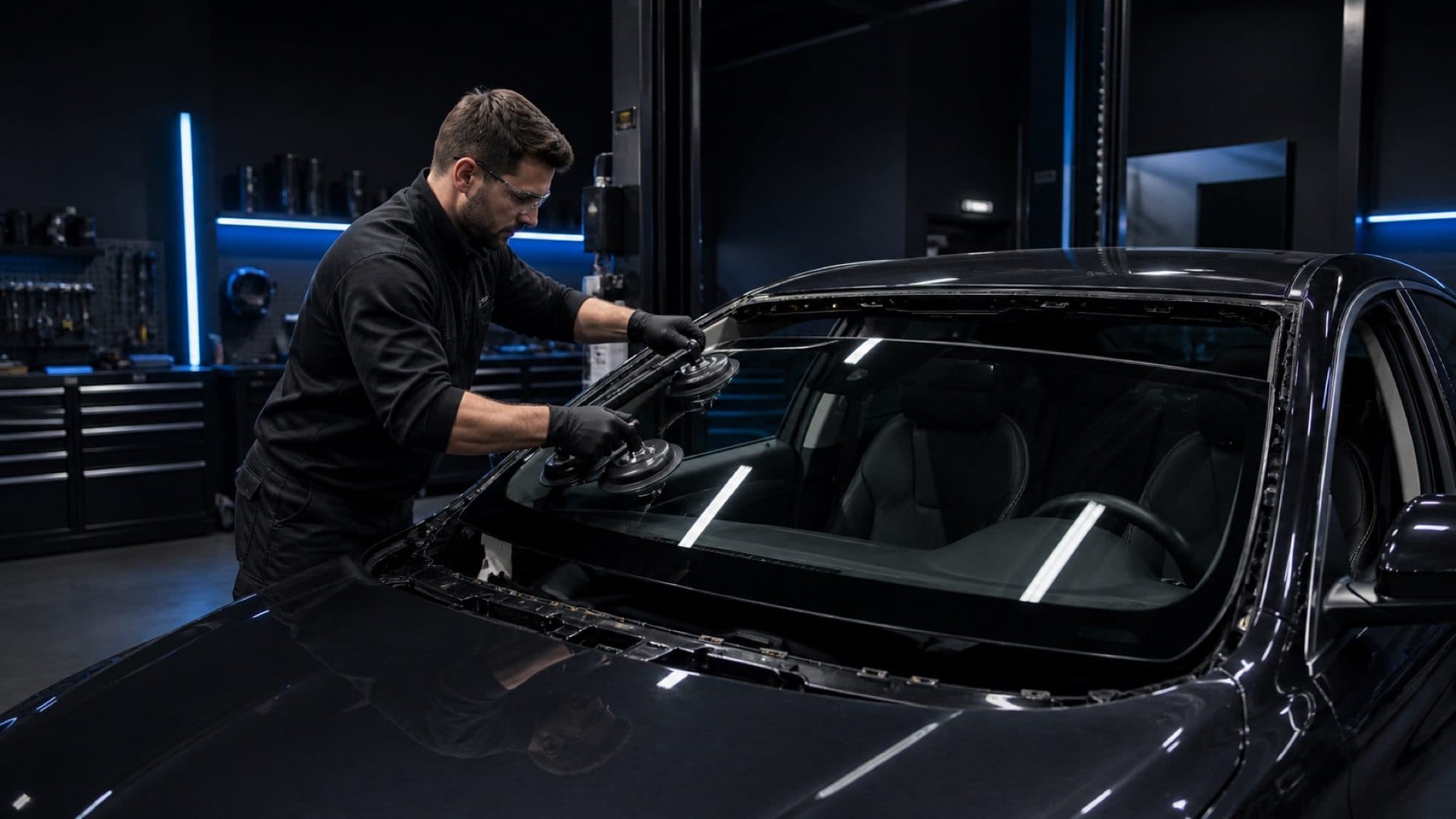 Techniker ersetzt eine Frontscheibe in der Auto Factory Werkstatt