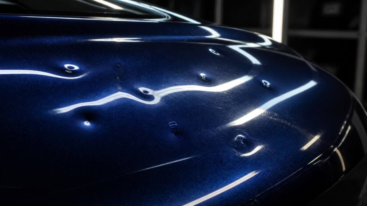 Blaues Fahrzeug mit Hagelschaden vor der Reparatur