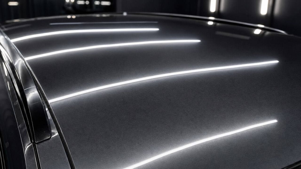 Graues Fahrzeugdach nach der Hagelreparatur