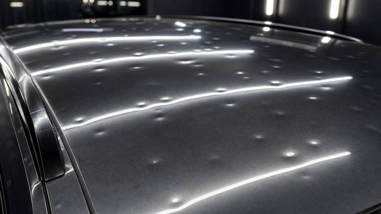 Graues Fahrzeugdach mit Hagelschaden vor der Reparatur